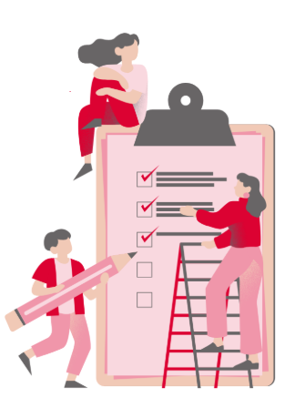 Checklist con personas alrededor de una carpeta gigante, las subvenciones se obtienen de esa forma.