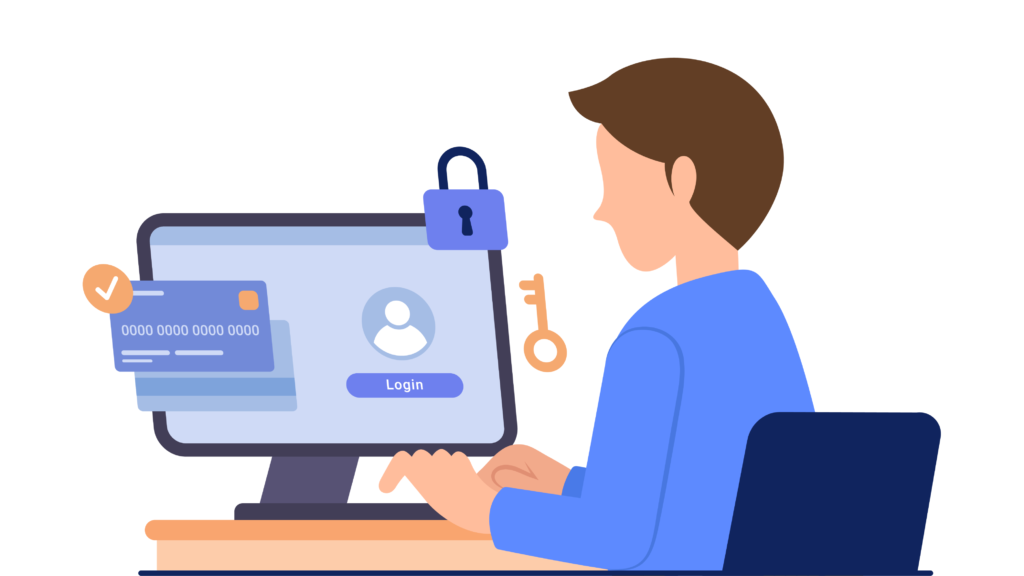 Una persona dibujada con pelo corto en un ordenador en donde datos personales como su contraseña y tarjeta de crédito se pueden ver.