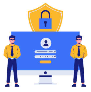 El DPO y CISO representados como dos hombres al lado de un ordenador con un candado y escudo atrás. 